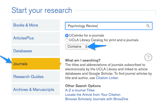 Screenshot of searching for review articles on UCLA Library homepage.