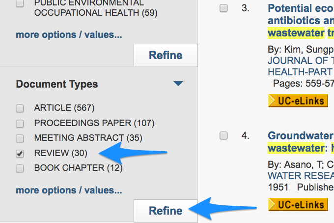 Screenshot of filtering results for review articles in Web of Science.