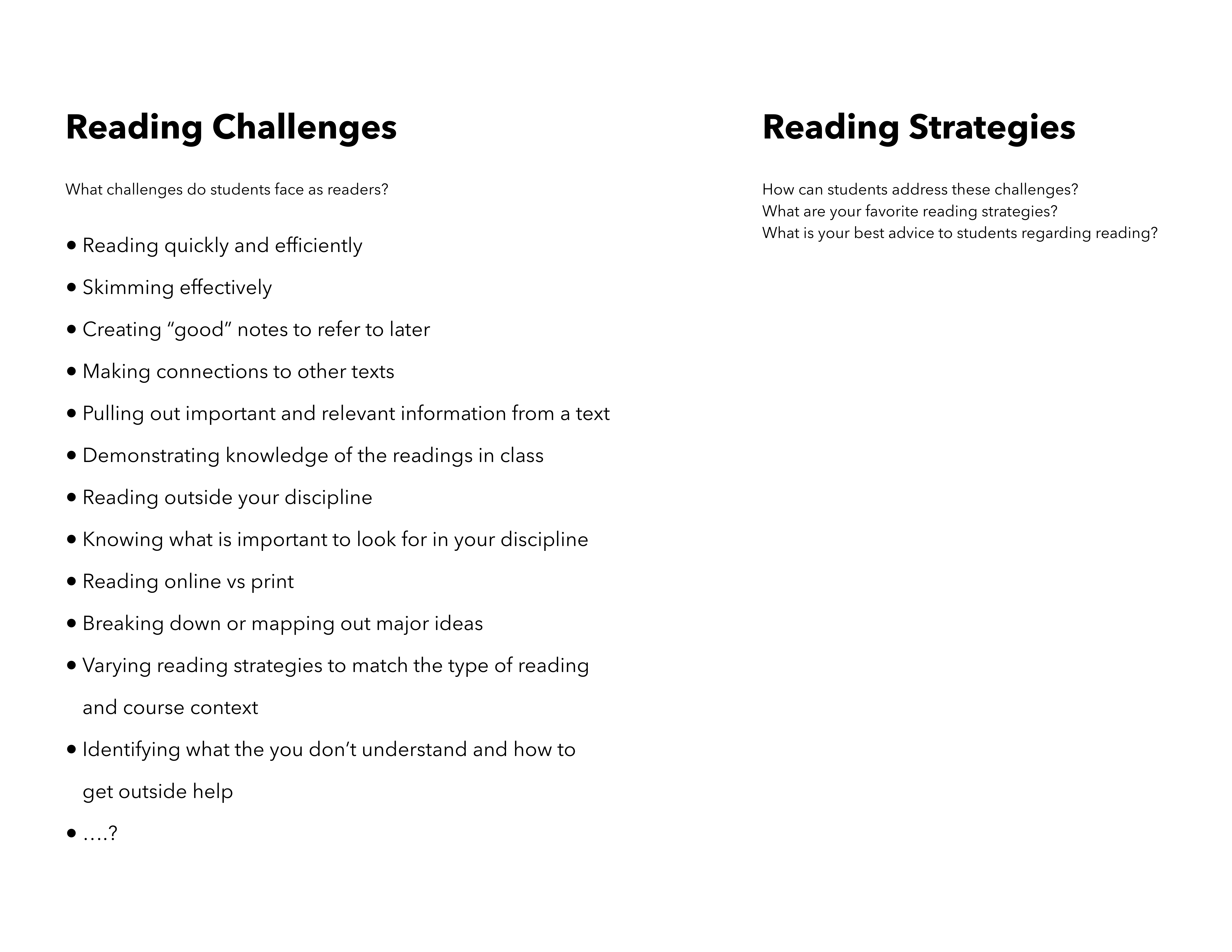 Reading strategies brainstorming handout with areas for communication challenges and strategies for email and in-person communication.