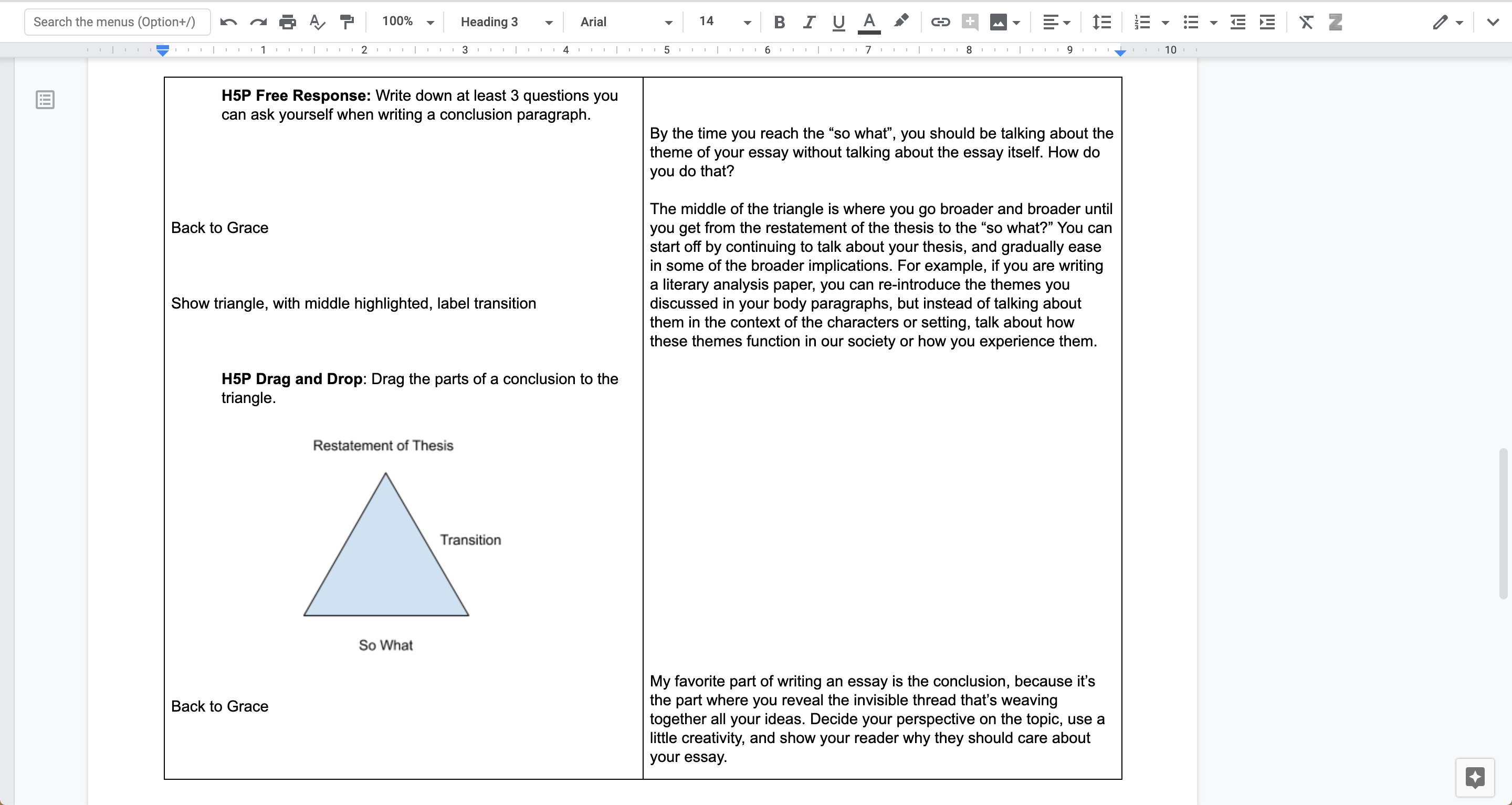 Screenshot of script for Conclusion Paragraphs video.