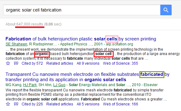 A screenshot showing that some search results contain 'organic' and 'solar cell' separately .